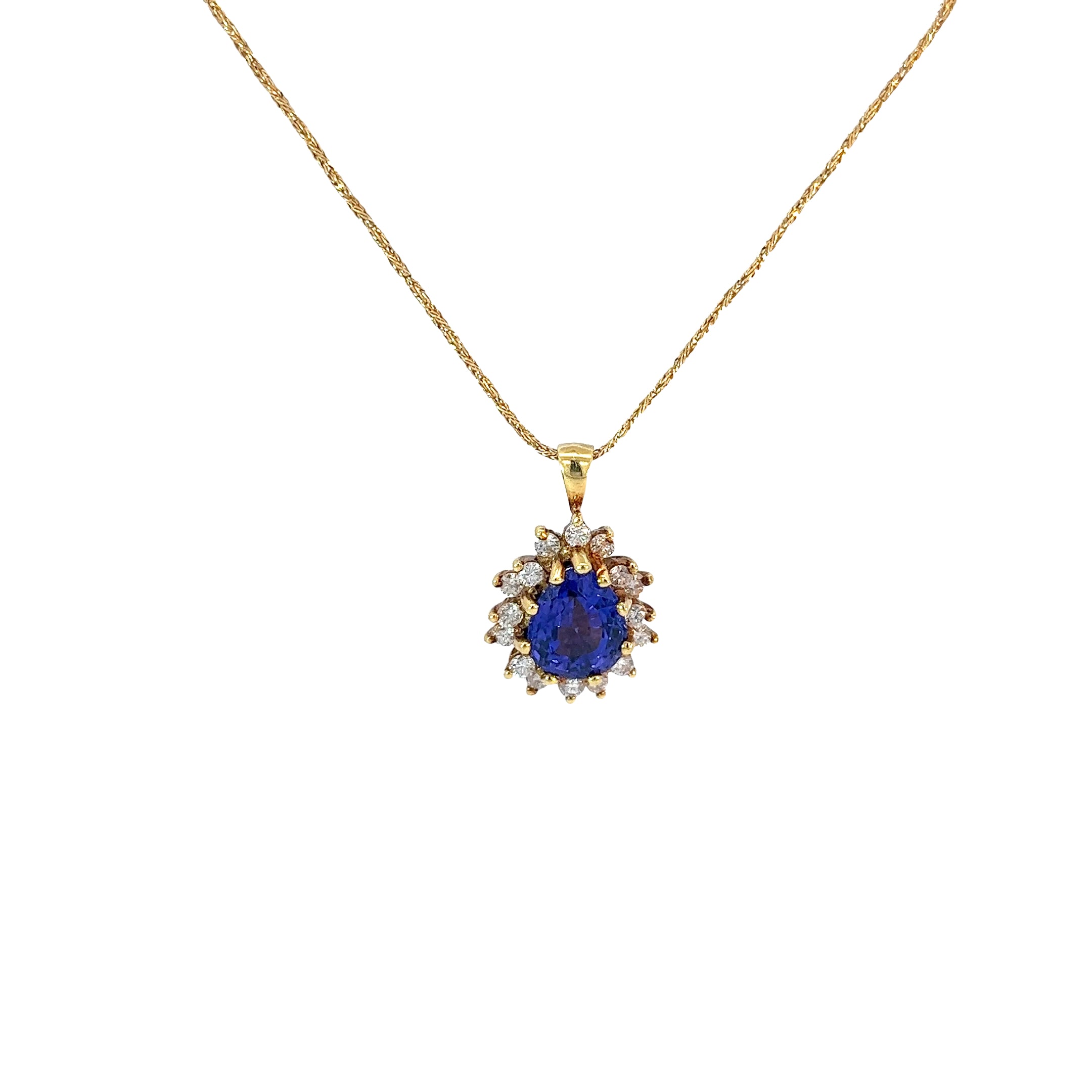18k Yellow Gold 2.00ct Pear Shape Tanzanite and .40ct F VS2 Round Diamond Necklace