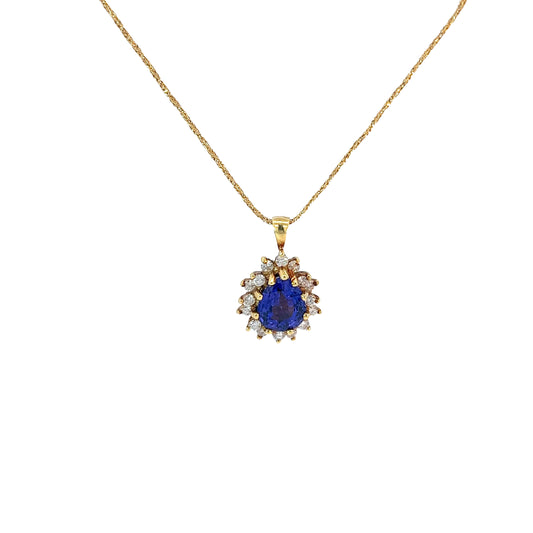 18k Yellow Gold 2.00ct Pear Shape Tanzanite and .40ct F VS2 Round Diamond Necklace