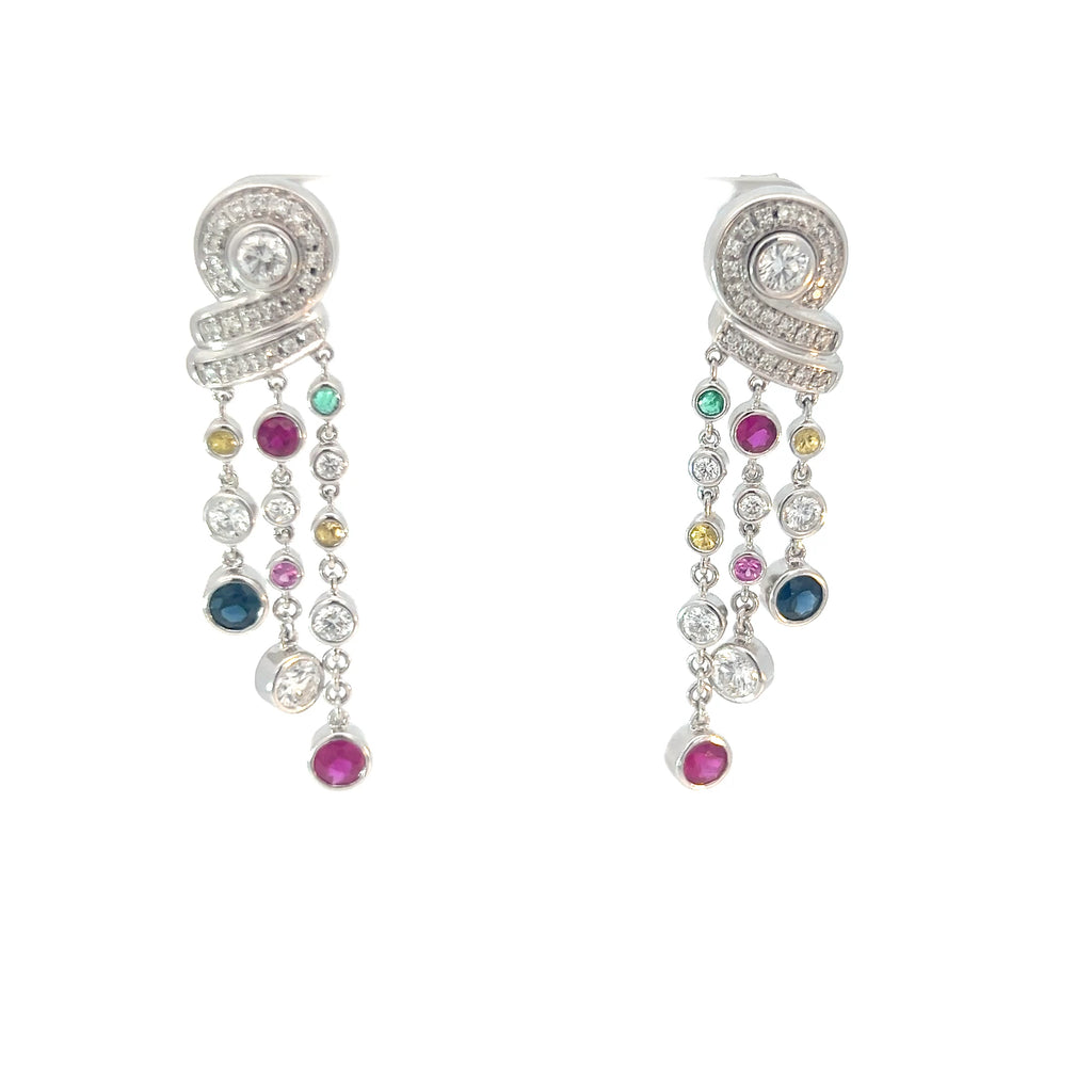 18k White Gold 2.00ct F VS2 Round Diamond / 2.30ct Round Multi-Colored Red, Green, Yellow, Pink Sapphire and Ruby Di Modolo Dangle Earrings