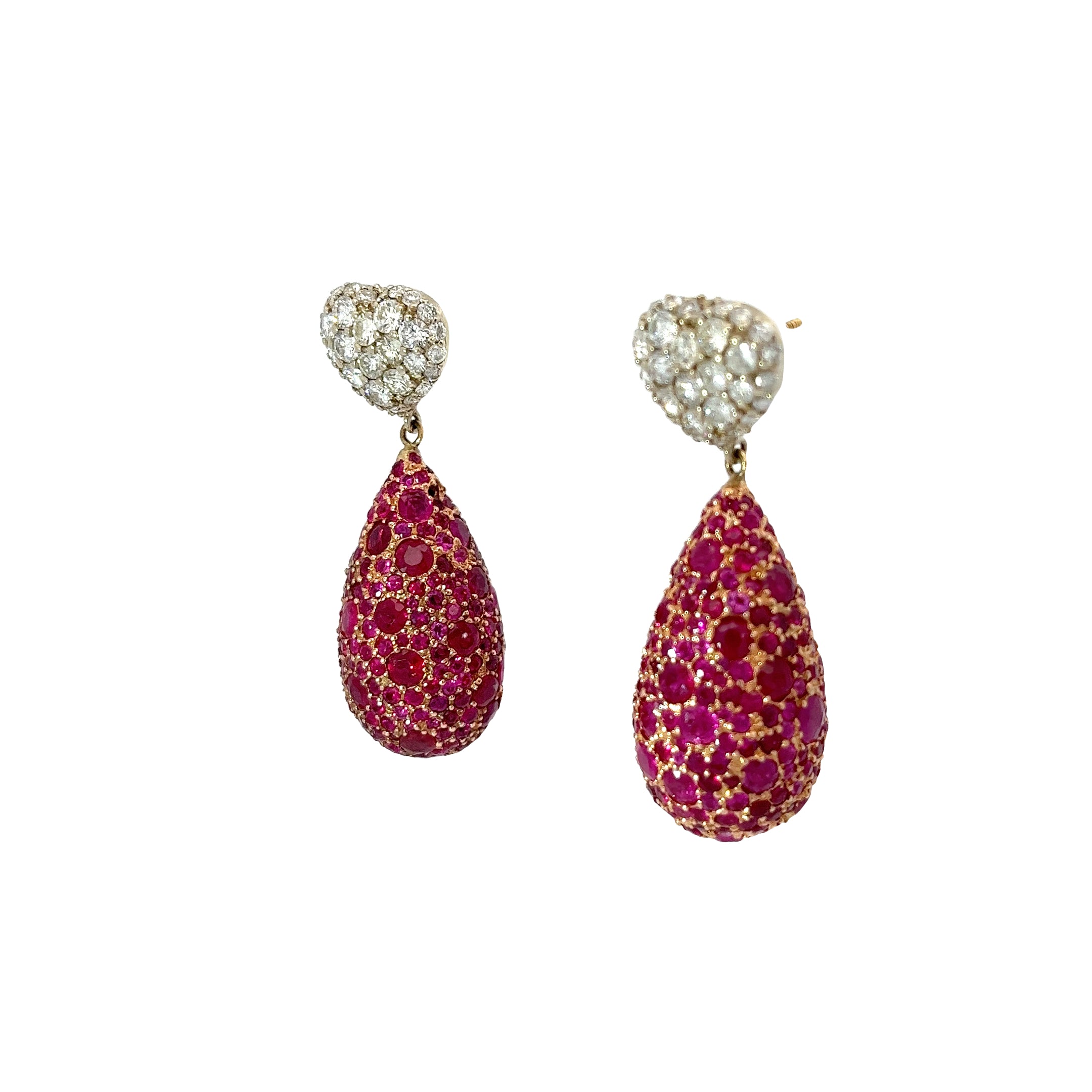 18k Yellow Gold 8.00ct Round Ruby and 2.35ct F VS2 Round Dangle Vintage Earrings