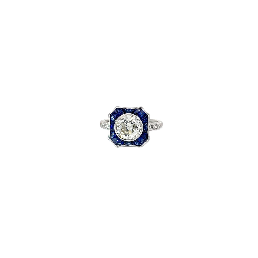 18K WHITE GOLD 1.65CT G SI1 OLD MINE CUT ROUND DIAMOND AND 1.15CT BLUE SAPPHIRE ENGAGEMENT RING