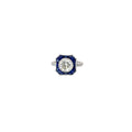 18K WHITE GOLD 1.65CT G SI1 OLD MINE CUT ROUND DIAMOND AND 1.15CT BLUE SAPPHIRE ENGAGEMENT RING