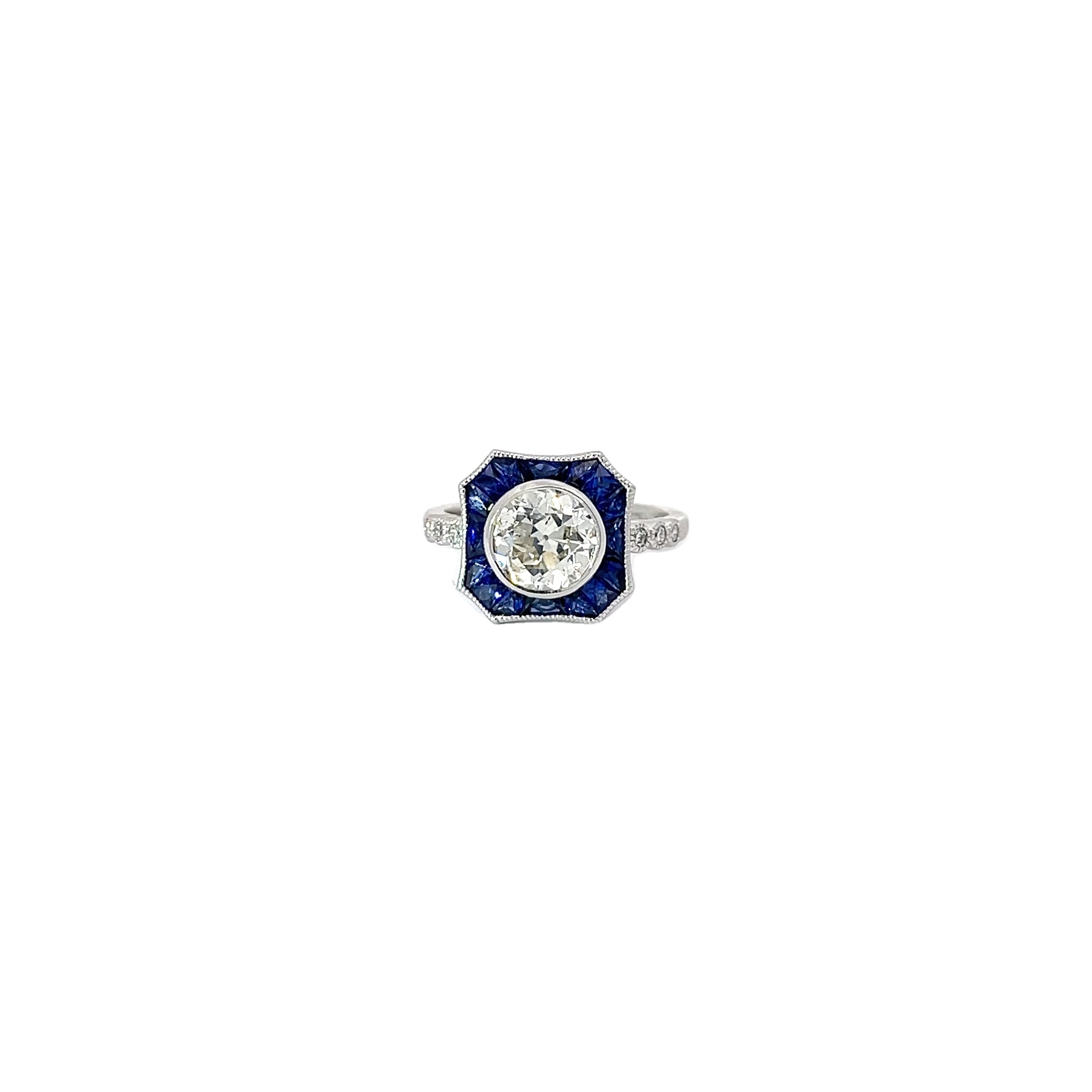 18K WHITE GOLD 1.65CT G SI1 OLD MINE CUT ROUND DIAMOND AND 1.15CT BLUE SAPPHIRE ENGAGEMENT RING