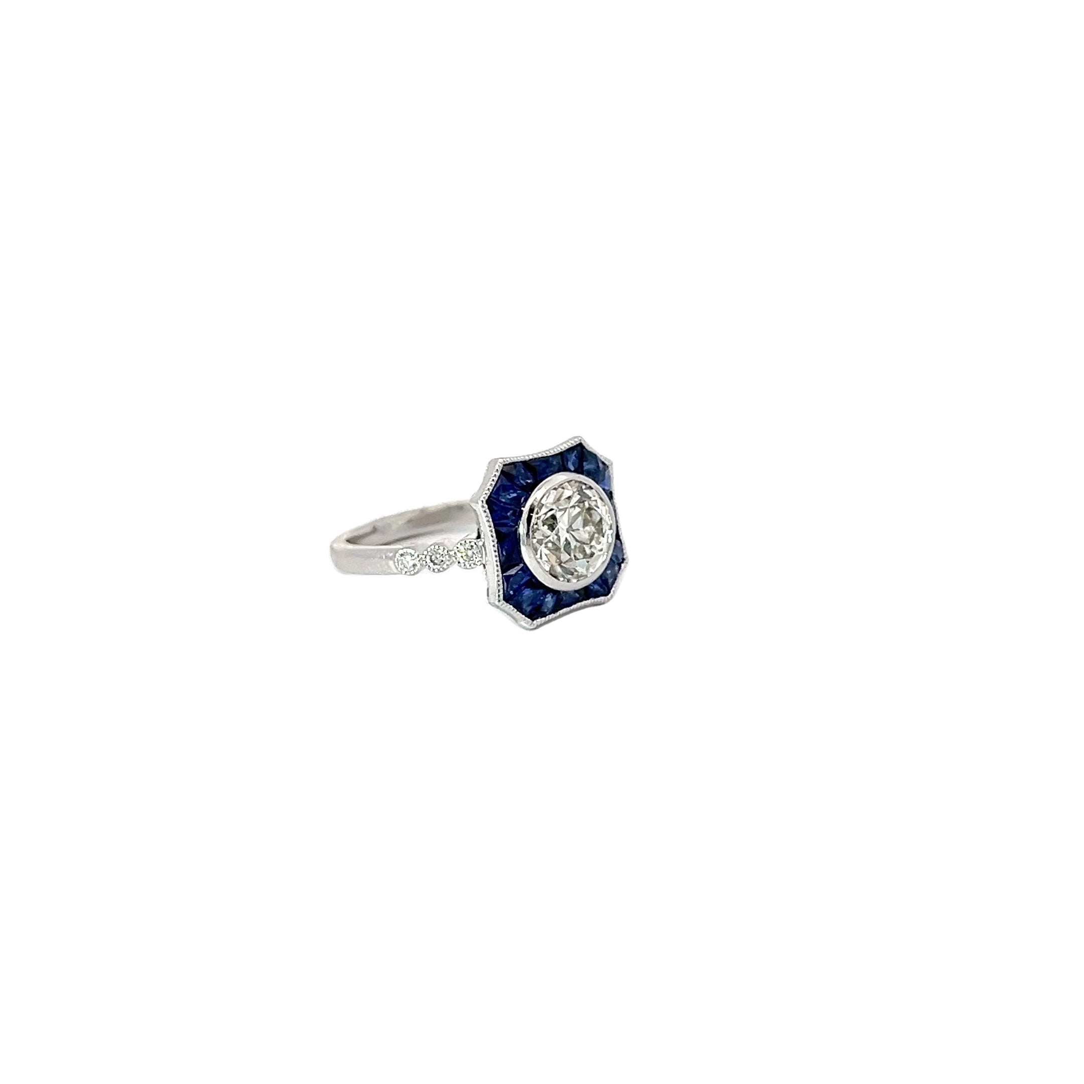 18K WHITE GOLD 1.65CT G SI1 OLD MINE CUT ROUND DIAMOND AND 1.15CT BLUE SAPPHIRE ENGAGEMENT RING