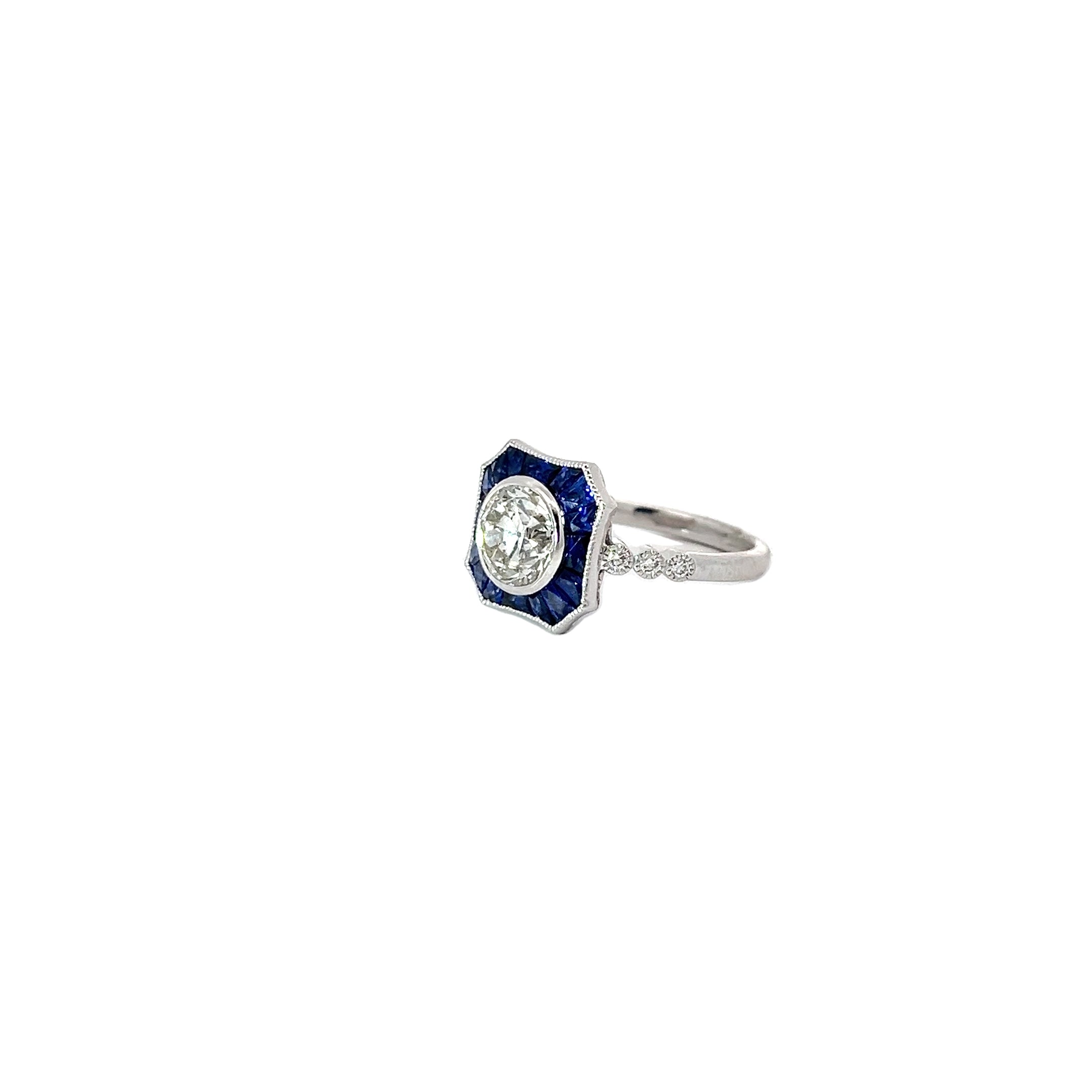 18K WHITE GOLD 1.65CT G SI1 OLD MINE CUT ROUND DIAMOND AND 1.15CT BLUE SAPPHIRE ENGAGEMENT RING