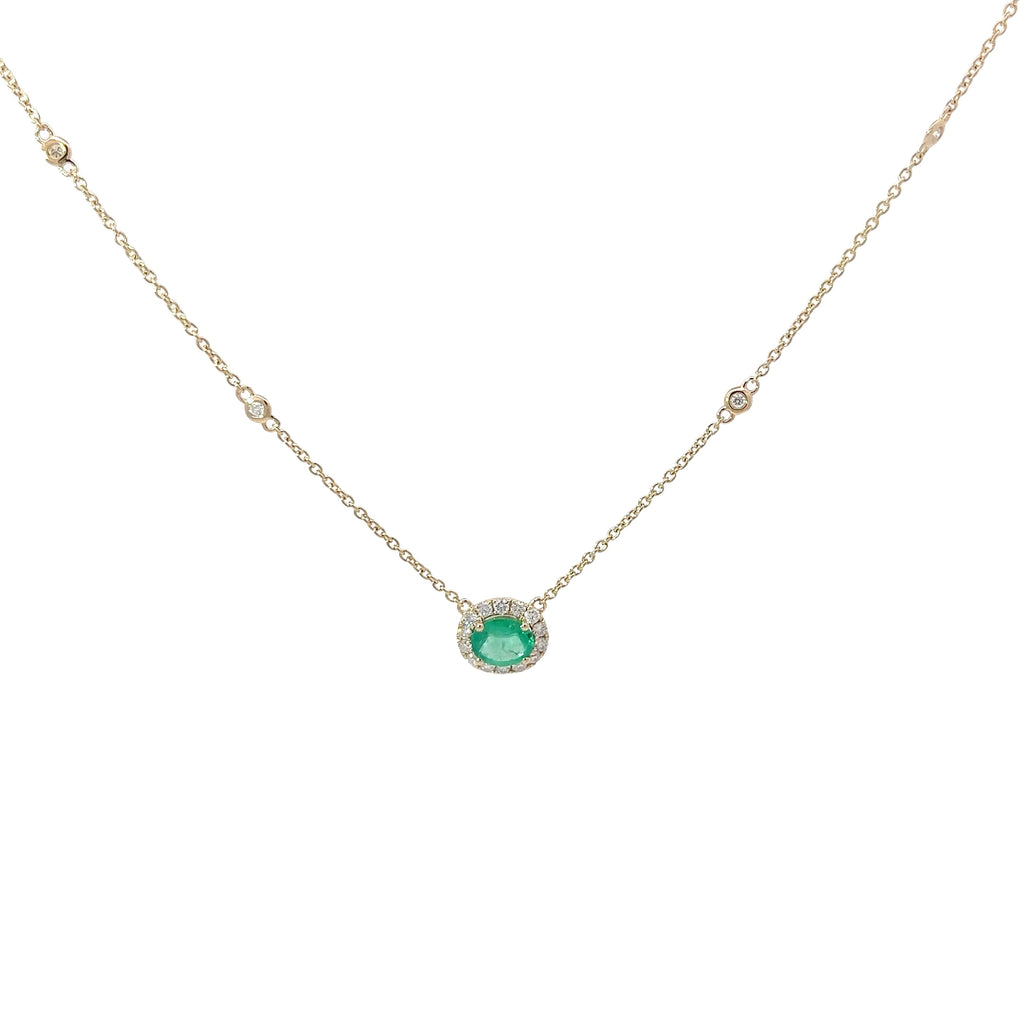 14k Yellow Gold .51ct Colombian Emerald Oval Shape and along Halo .23ct F VS1 Round Diamond Necklace