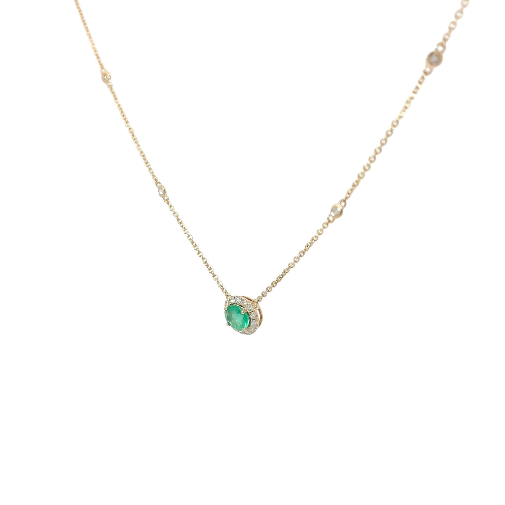 14k Yellow Gold .51ct Colombian Emerald Oval Shape and along Halo .23ct F VS1 Round Diamond Necklace