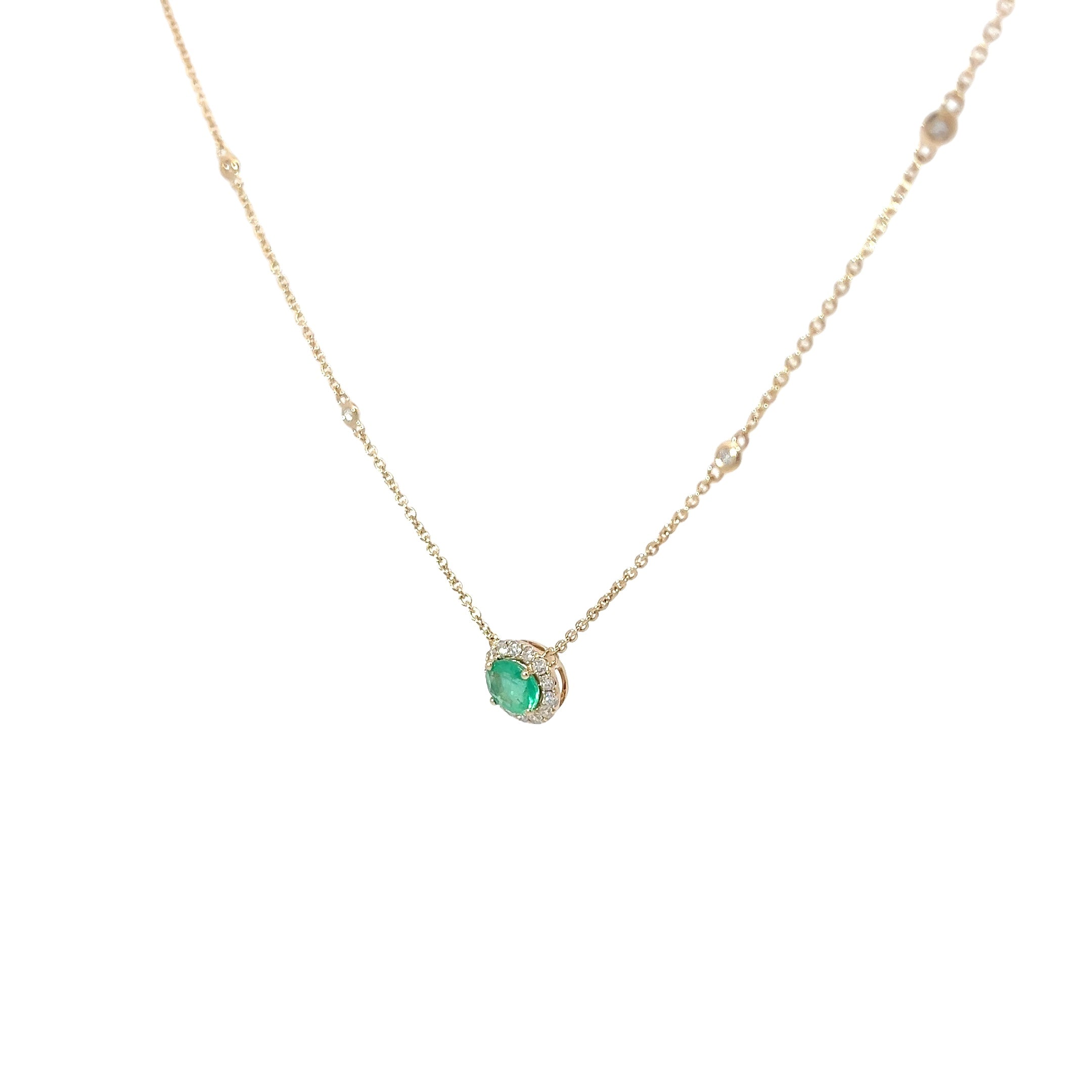 14k Yellow Gold .51ct Colombian Emerald Oval Shape and along Halo .23ct F VS1 Round Diamond Necklace