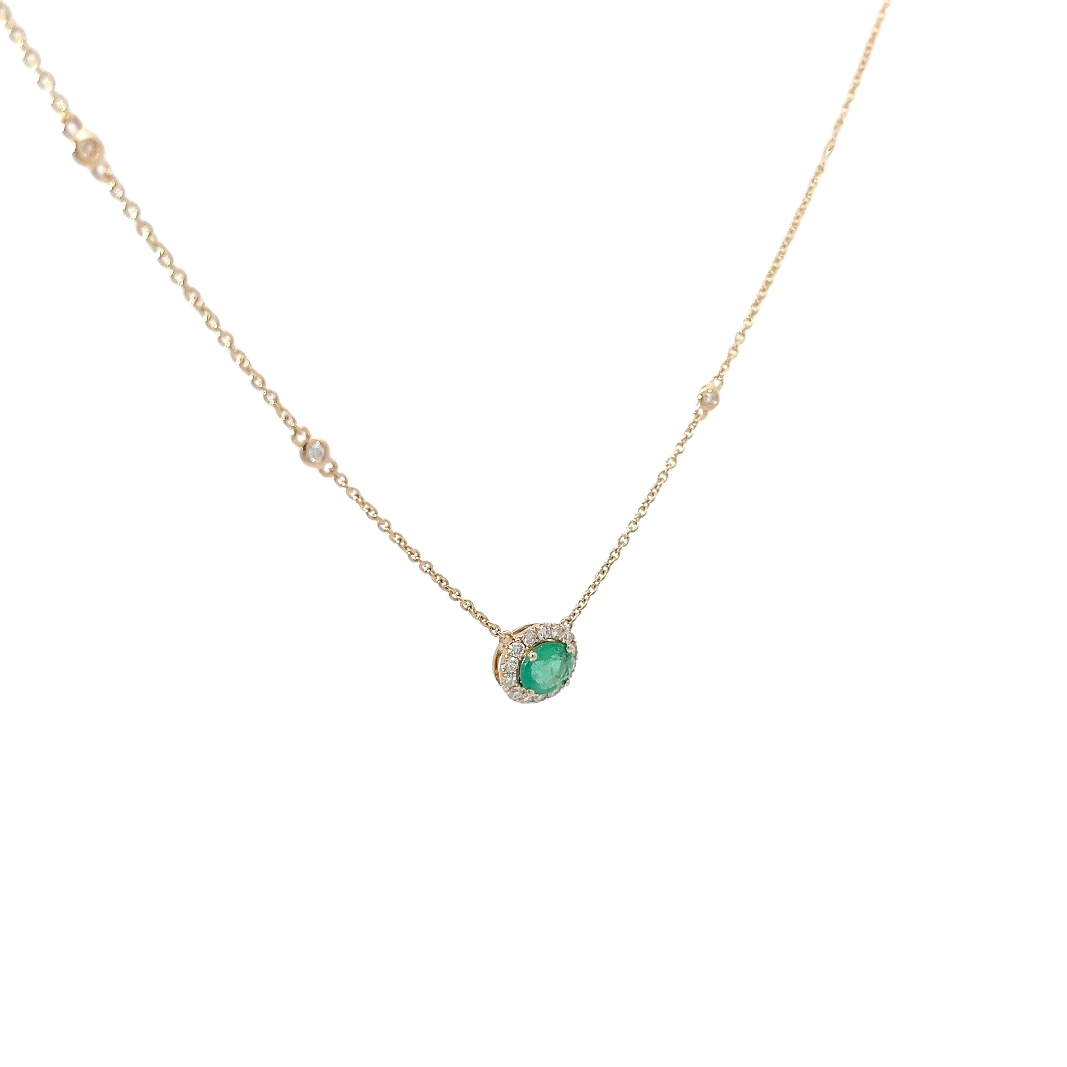 14k Yellow Gold .51ct Colombian Emerald Oval Shape and along Halo .23ct F VS1 Round Diamond Necklace