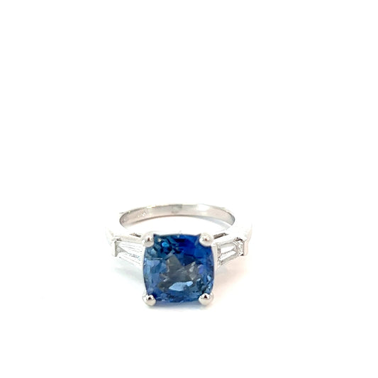 Platinum 4.77ct Cushion Cut Blue Sapphire No Heat /.50ct E VS2 Tapered Baguette Solitaire Ring Certified by GIA #2221948064
