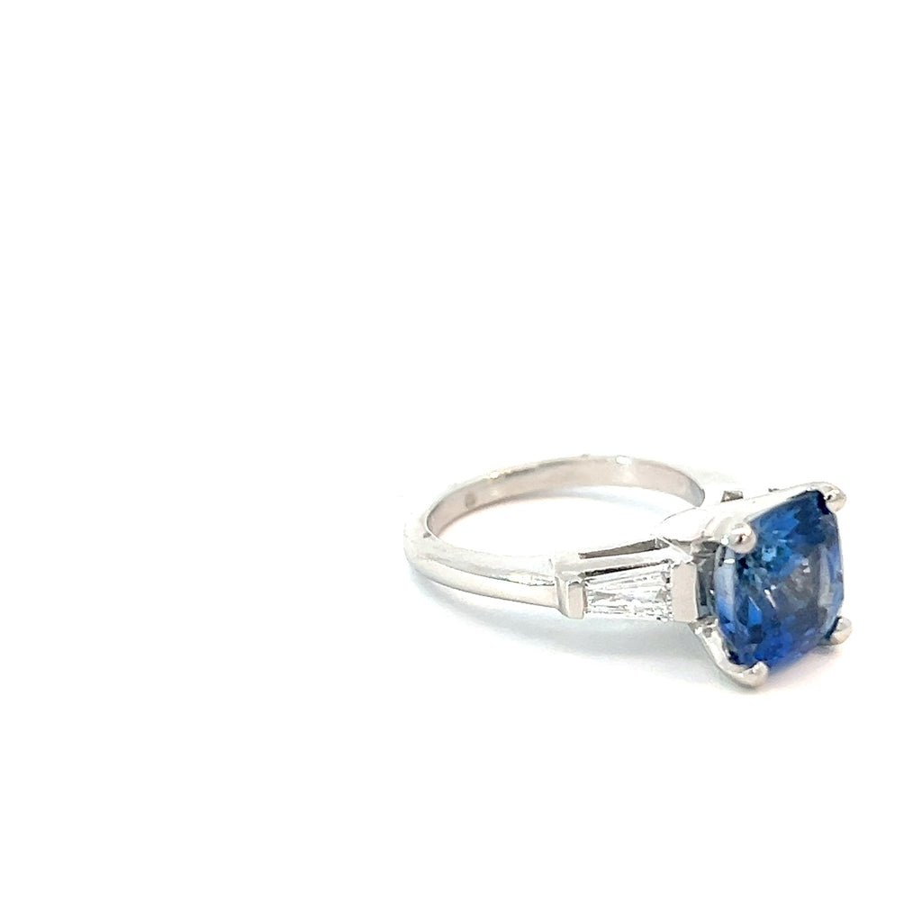 Platinum  4.77ct Cushion Cut Blue Sapphire No Heat /.50ct E VS2 Tapered Baguette Solitaire Ring Certified By GIA #2221948064