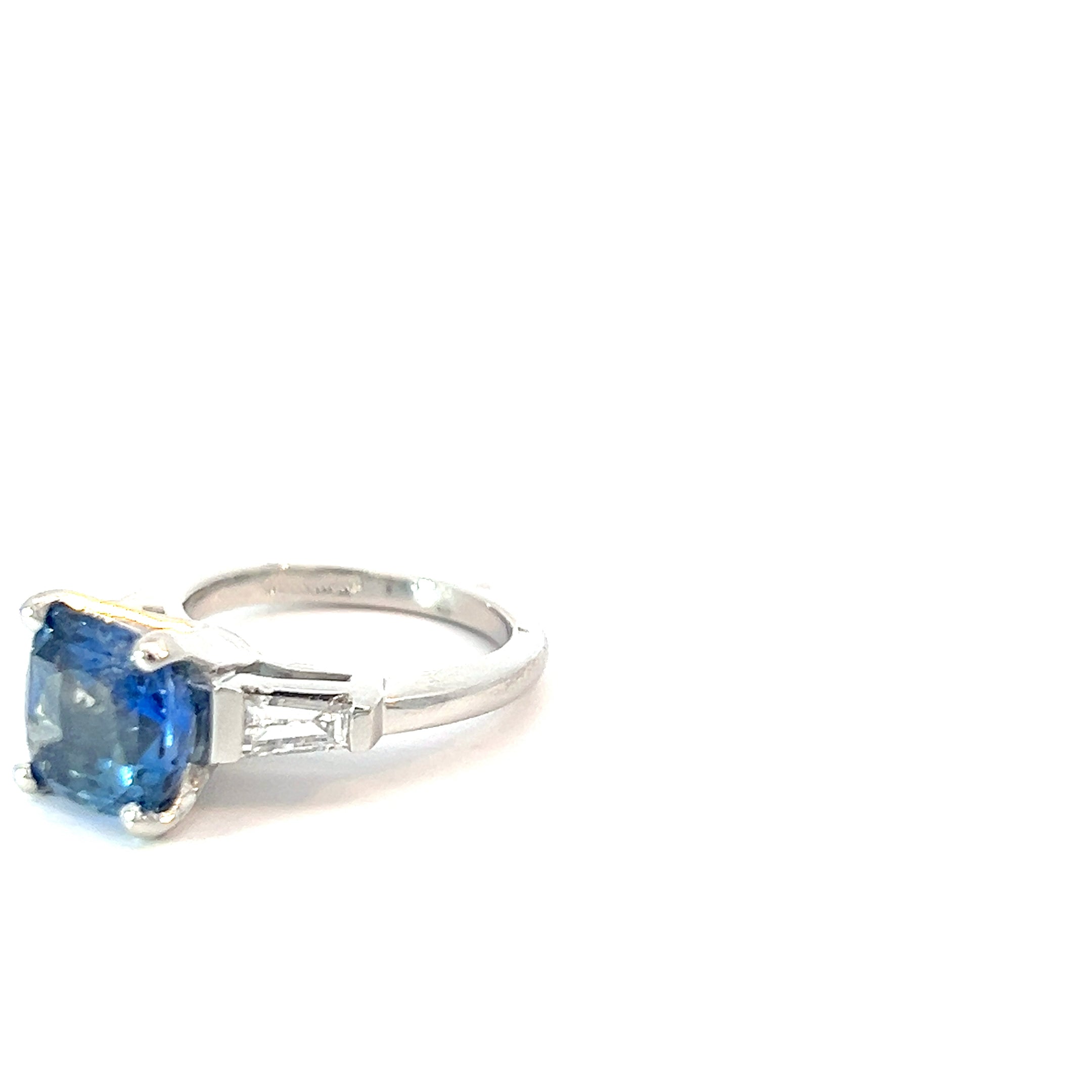 Platinum  4.77ct Cushion Cut Blue Sapphire No Heat /.50ct E VS2 Tapered Baguette Solitaire Ring Certified By GIA #2221948064