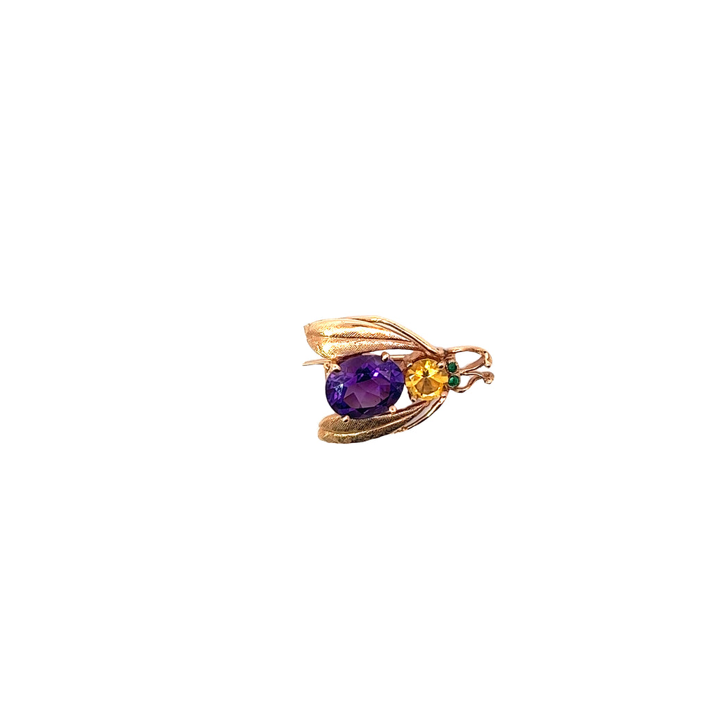 14k Yellow Gold Vintage Oval Amethyst, Round Citrine, and Round Emerald Bug Necklace 5.4 gram
