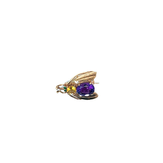 14k Yellow Gold Vintage Oval Amethyst, Round Citrine, and Round Emerald Bug Necklace 5.4 gram