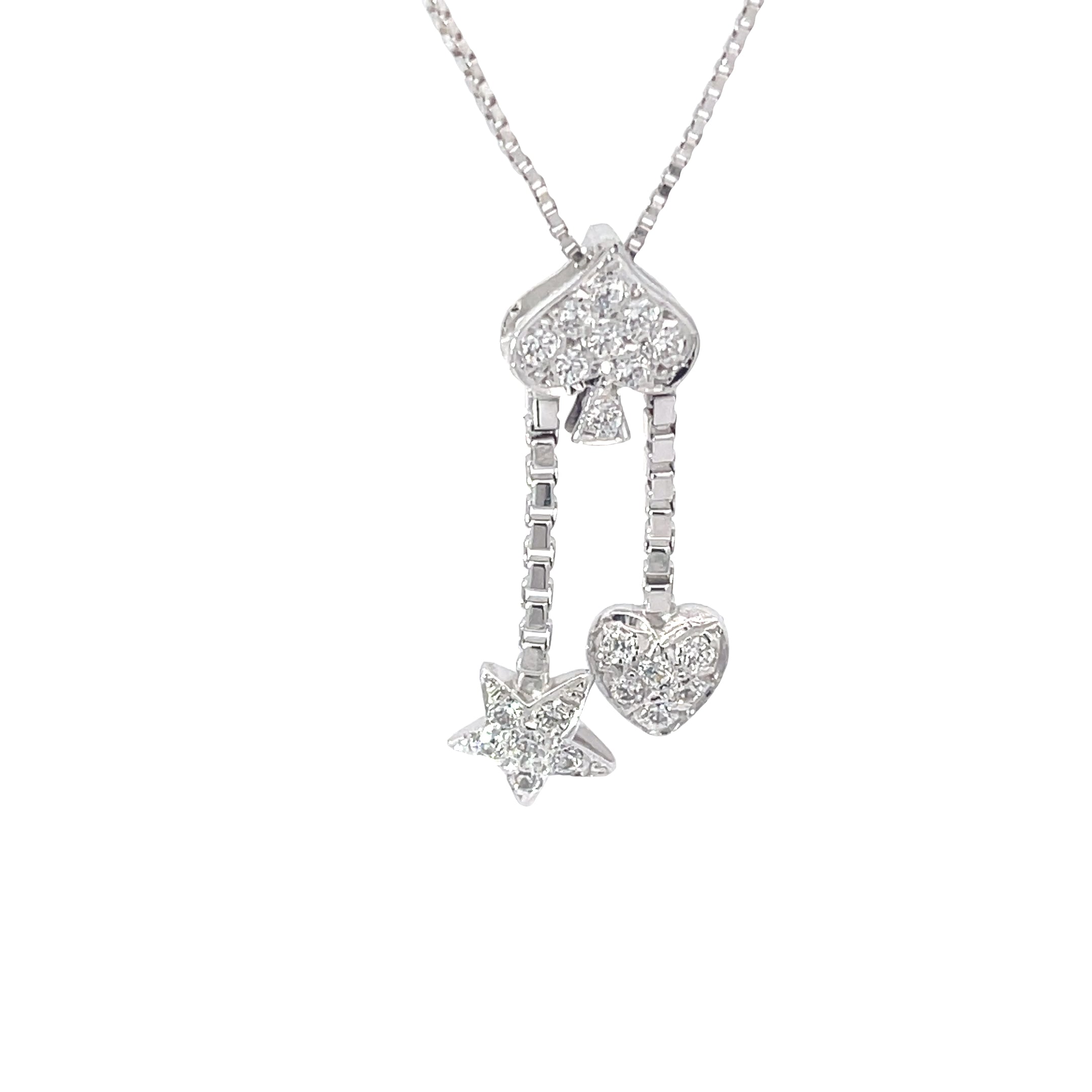 18K WHITE GOLD .35CT FVS2 ROUND DIAMOND CLUSTER HEART AND STAR NECKLACE