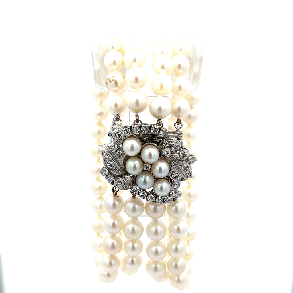 14k white gold 4 Strand 6mm Fresh Water White  Pearl Bracelet with 1.23ct G Si1 Round  Diamond Clasp