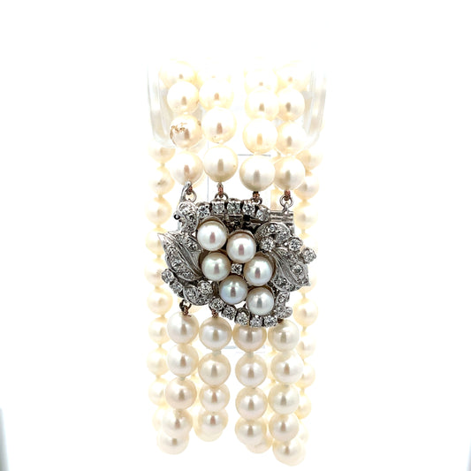 14k White Gold 4 Strand 6mm Fresh Water White Pearl Bracelet with 1.23ct G SI1 Round Diamond Clasp