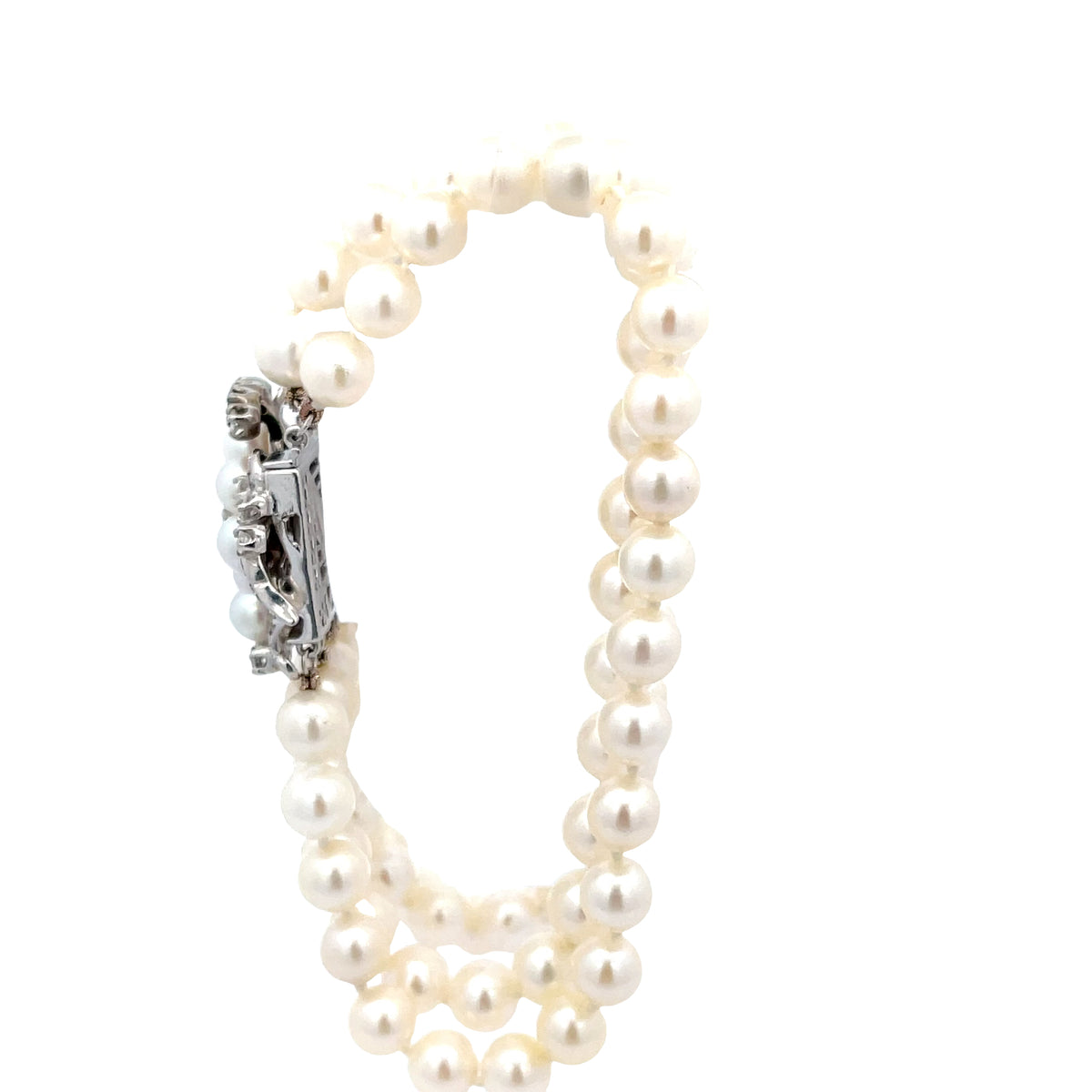 14k White Gold 4 Strand 6mm Fresh Water White Pearl Bracelet with 1.23ct G SI1 Round Diamond Clasp