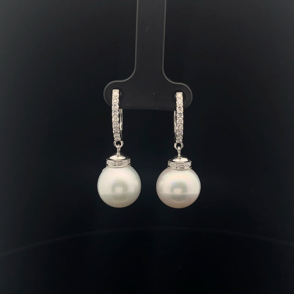 18k White Gold .65ct F VS2 Round Diamond and Fresh Water White Pearl 13mm Drop Earrings