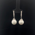18k White Gold .65ct F VS2 Round Diamond and Fresh Water White Pearl 13mm Drop Earrings