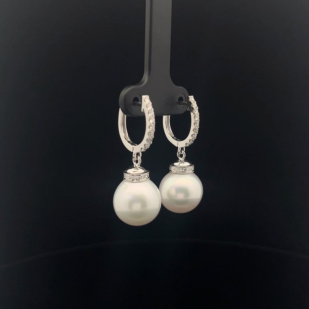 18k White Gold .65ct F VS2 Round Diamond and Fresh Water White Pearl 13mm Drop Earrings