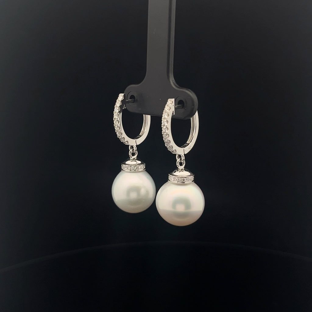 18k White Gold .65ct F VS2 Round Diamond and Fresh Water White Pearl 13mm Drop Earrings