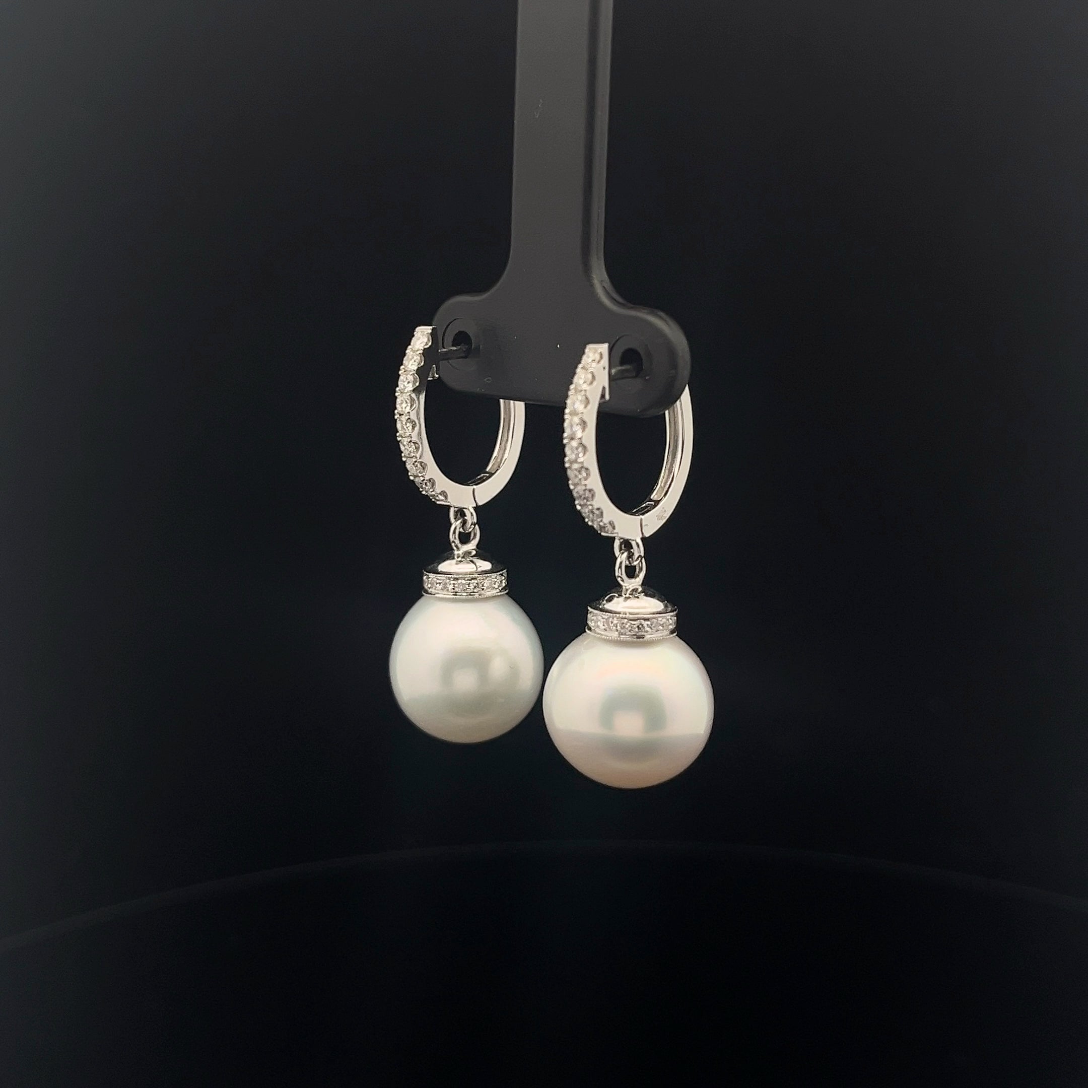 18k White Gold .65ct F VS2 Round Diamond and Fresh Water White Pearl 13mm Drop Earrings