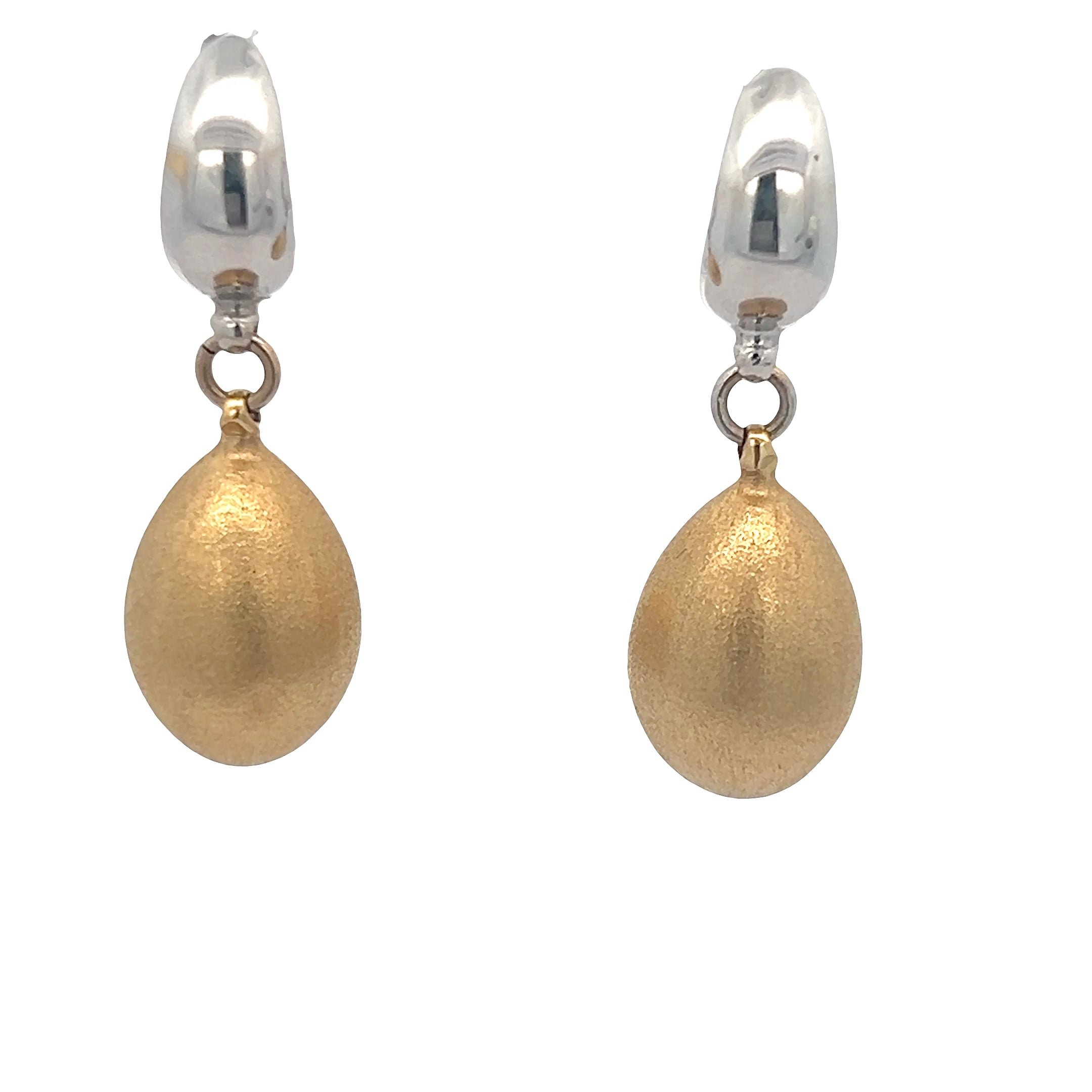 18k Two Tone 1 1/2" High Polished White Gold Omega Back with Satin Finished Puffed Tear Drop Bubble Dangle Earrings 7.4 gram