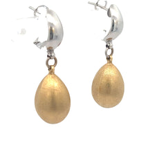 18k Two Tone 1 1/2" High Polished White Gold Omega Back with Satin Finished Puffed Tear Drop Bubble Dangle Earrings