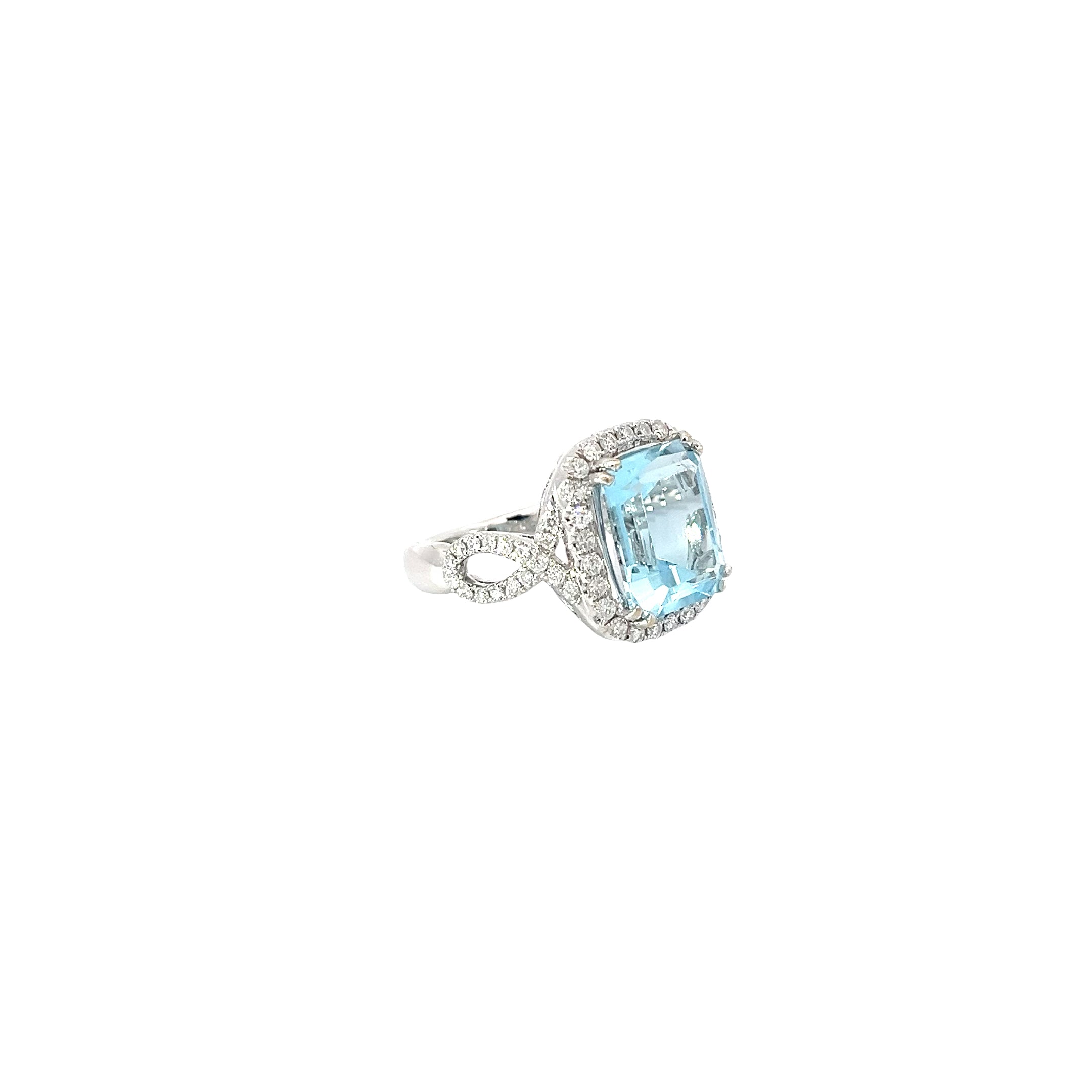 18K WHITE GOLD 7CT AQUA MARINE AND .75CT F SI1 ROUND DIAMOND RING