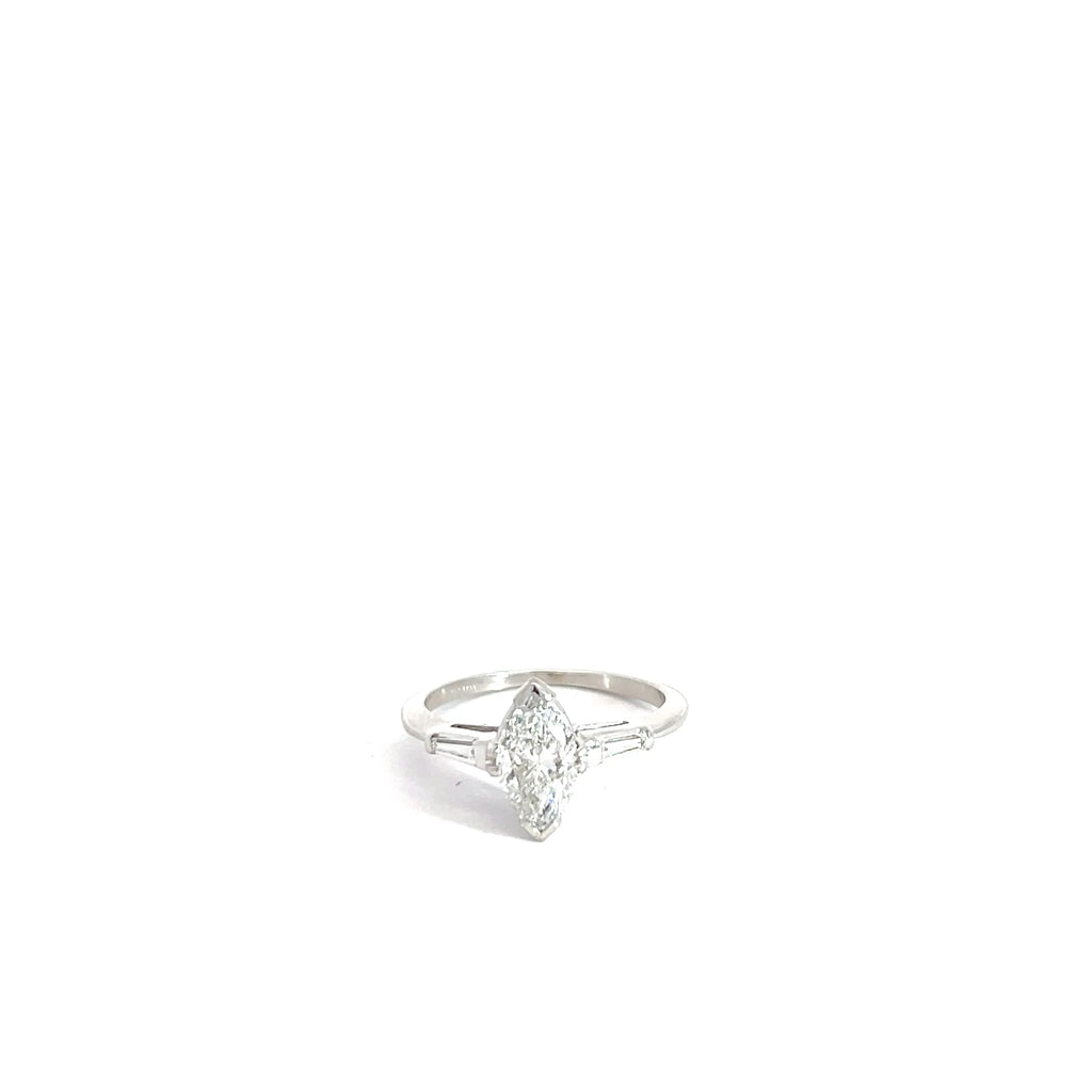 18k White Gold .91ct F SI2  Marquise Shaped Diamond / .10ct I1 Tapered Baguette Diamond  Engagement Ring Size 5 3/4