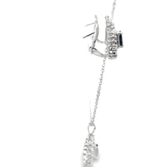 14k White Gold 1.50ct G VS2 Baguette Shape Diamond / 1.20ct Blue Sapphire Pear Shape Ballerina Setting Omega Clip Back Earrings and  14k White Gold 1.00ct  G VS2 Baguette Shape Diamond/ .80ct Blue Sapphire Pear Shape Pendant Set