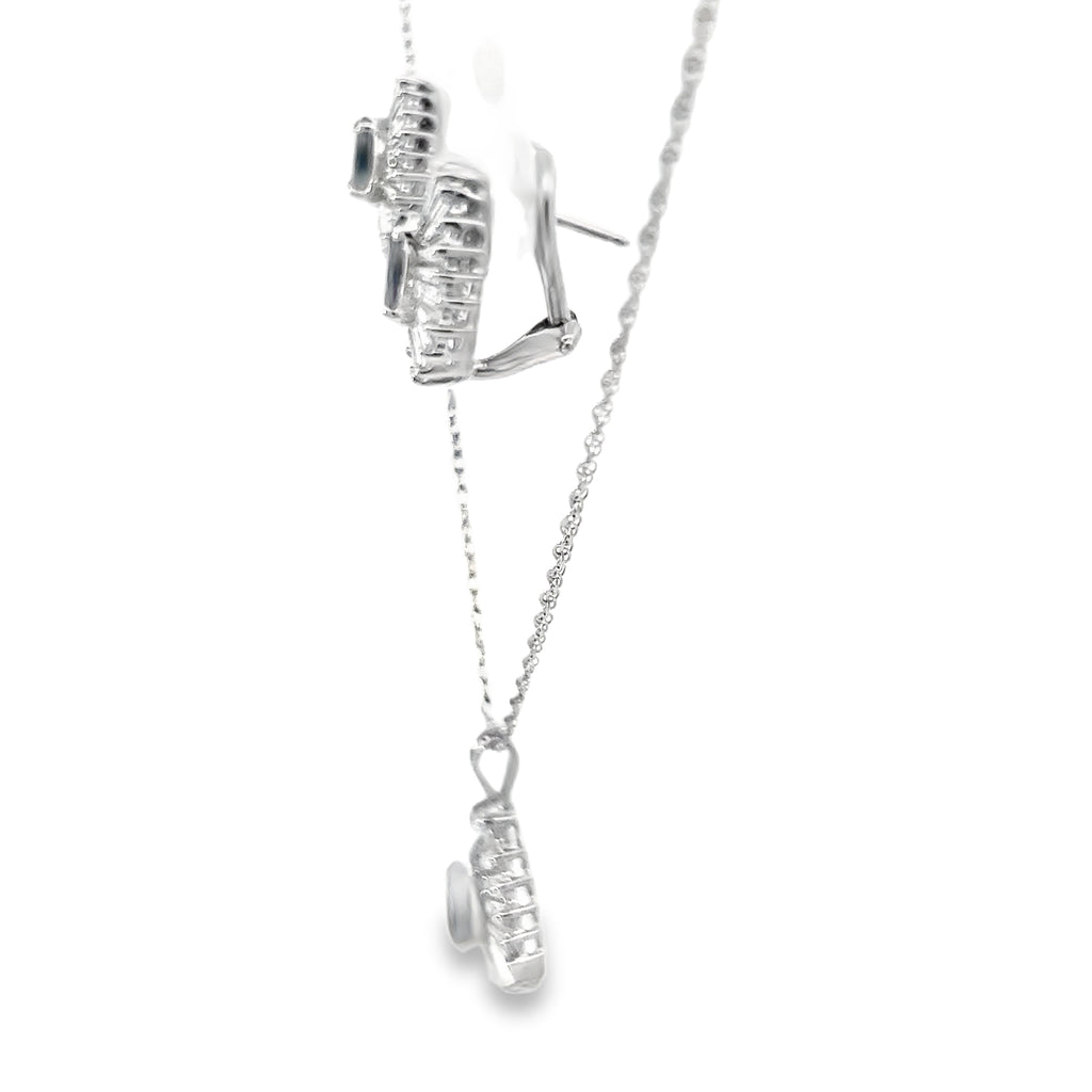 14k White Gold 1.50ct G VS2 Baguette Shape Diamond / 1.20ct Blue Sapphire Pear Shape Ballerina Setting Omega Clip Back Earrings and  14k White Gold 1.00ct  G VS2 Baguette Shape Diamond/ .80ct Blue Sapphire Pear Shape Pendant Set