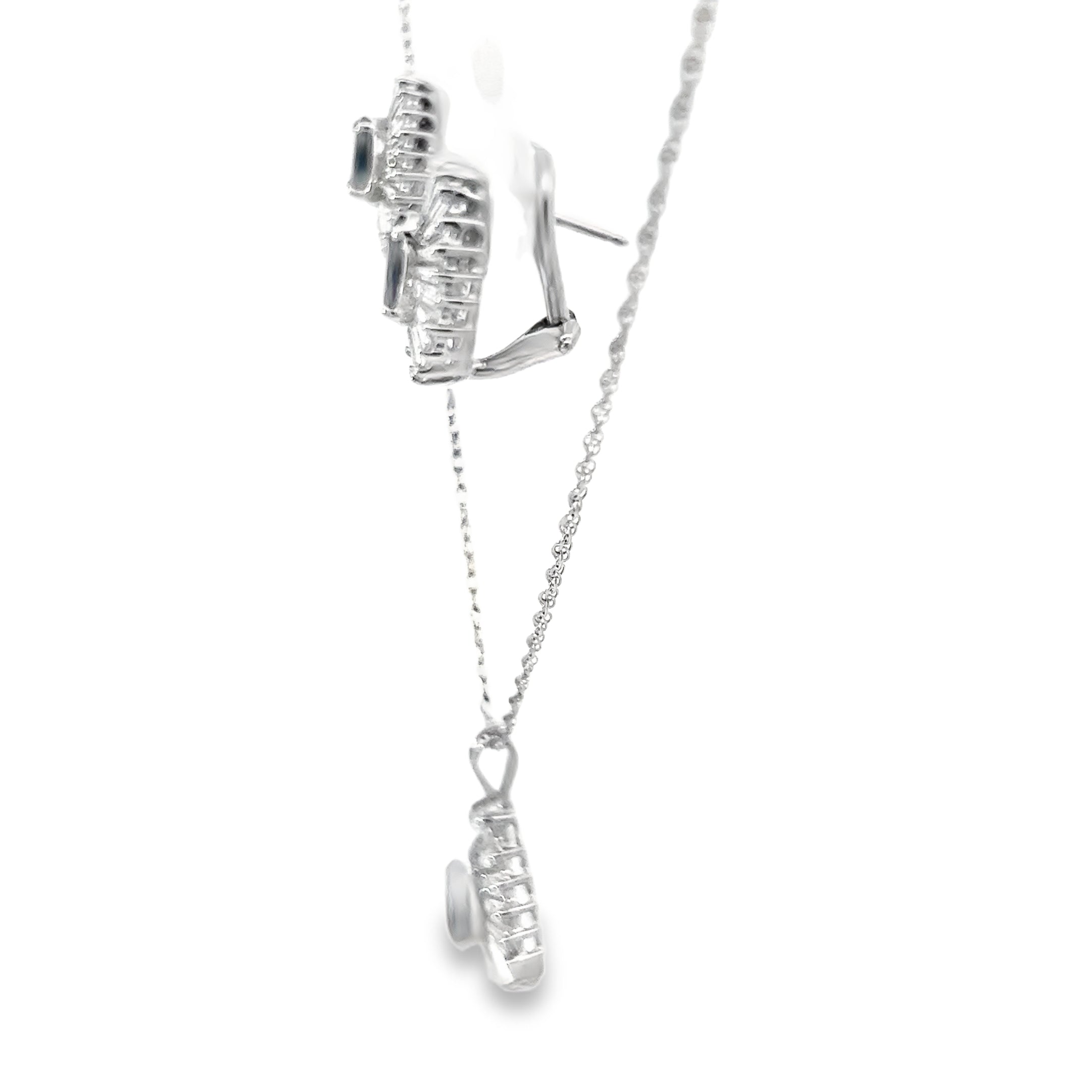 14k White Gold 1.50ct G VS2 Baguette Shape Diamond / 1.20ct Blue Sapphire Pear Shape Ballerina Setting Omega Clip Back Earrings and  14k White Gold 1.00ct  G VS2 Baguette Shape Diamond/ .80ct Blue Sapphire Pear Shape Pendant Set