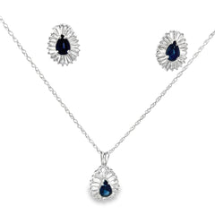 14k White Gold 1.50ct G VS2 Baguette Shape Diamond / 1.20ct Blue Sapphire Pear Shape Ballerina Setting Omega Clip Back Earrings and  14k White Gold 1.00ct  G VS2 Baguette Shape Diamond/ .80ct Blue Sapphire Pear Shape Pendant Set