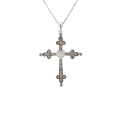 18k White Gold .75ct Round Chocolate Diamond/.25ct G SI1 Round Diamond Cross Heart Pendant
