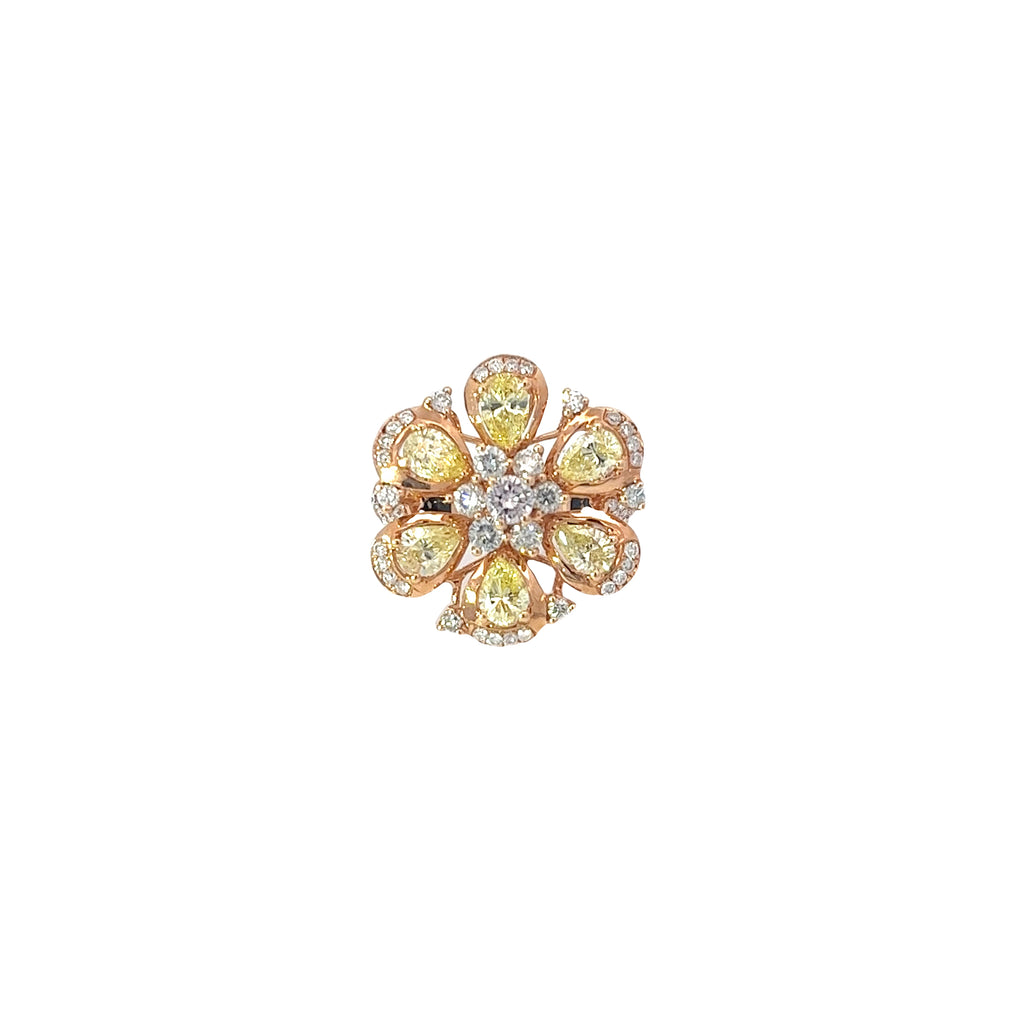 14k Rose Gold 2.40 Pear Shape Yellow Diamond /.53ct G VS2 Round White Diamond and .17ct Natural Light Pink Diamond Flower ring