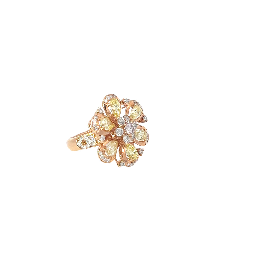 14k Rose Gold 2.40 Pear Shape Yellow Diamond /.53ct G VS2 Round White Diamond and .17ct Natural Light Pink Diamond Flower ring
