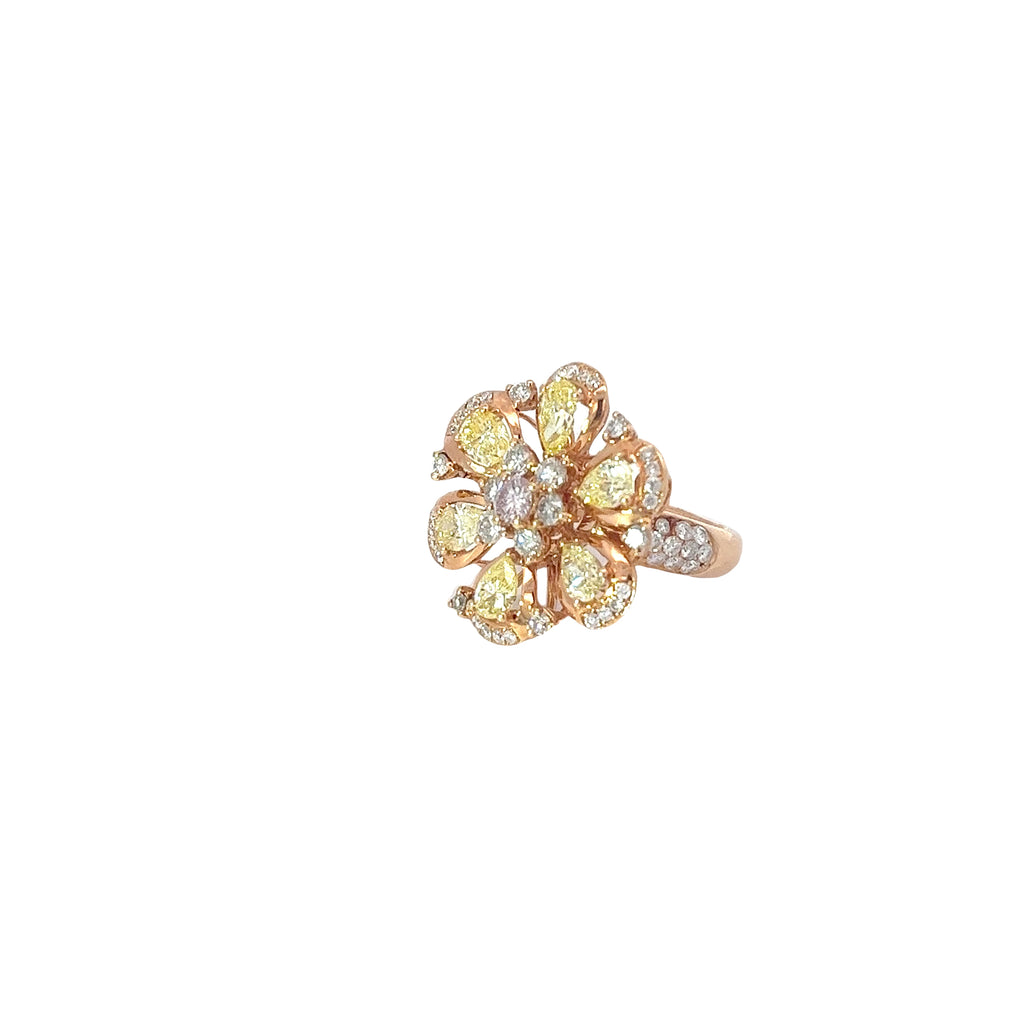 14k Rose Gold 2.40 Pear Shape Yellow Diamond /.53ct G VS2 Round White Diamond and .17ct Natural Light Pink Diamond Flower ring