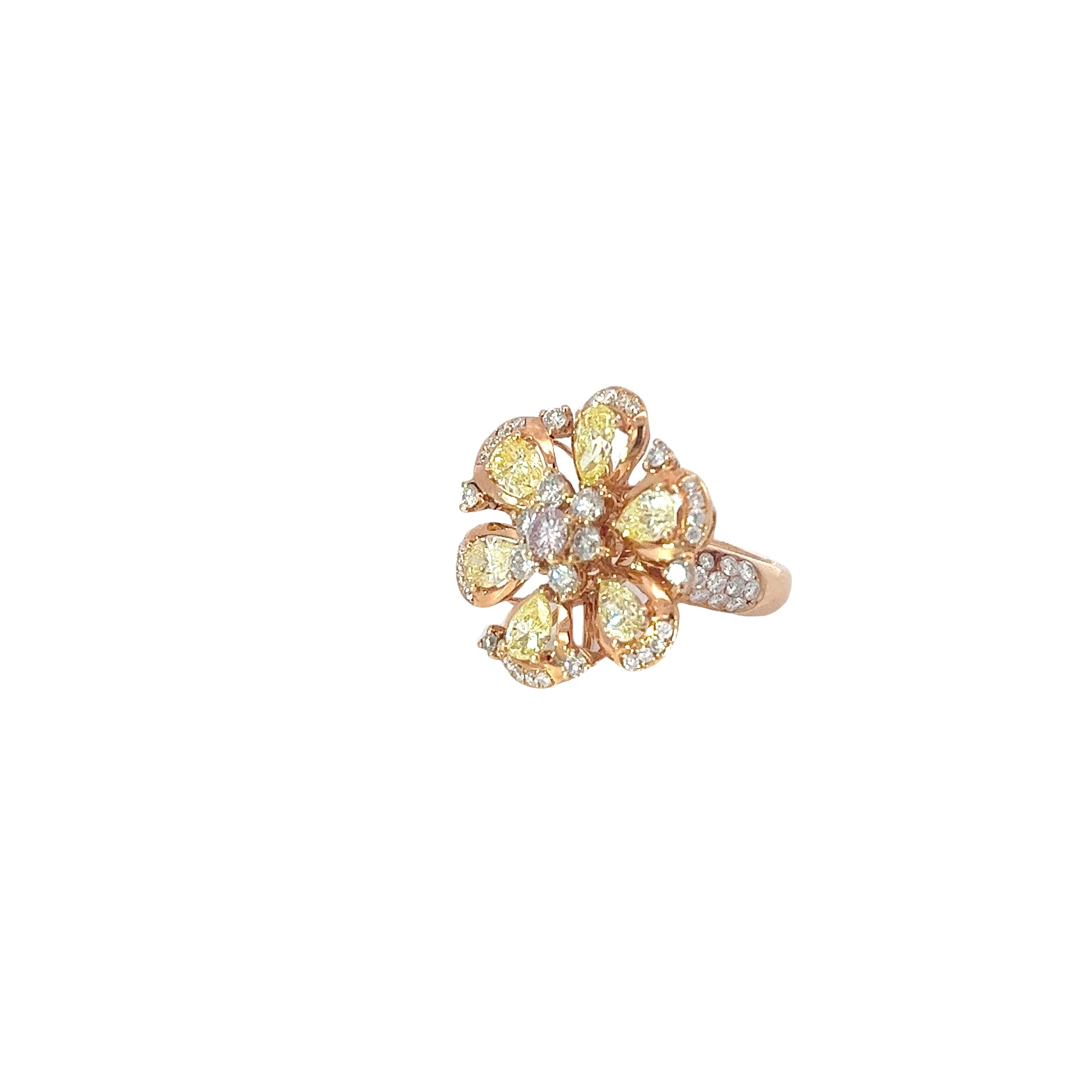 14k Rose Gold 2.40 Pear Shape Yellow Diamond /.53ct G VS2 Round White Diamond and .17ct Natural Light Pink Diamond Flower ring
