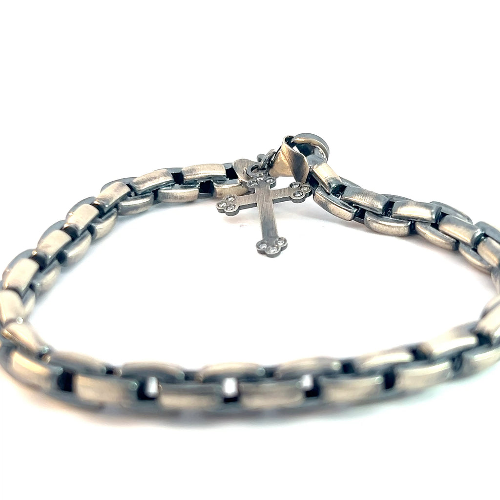 Sterling Silver 10.9 Gram Antiqued Men Bracelet with a Dangle Cross with Cubic Zirconium