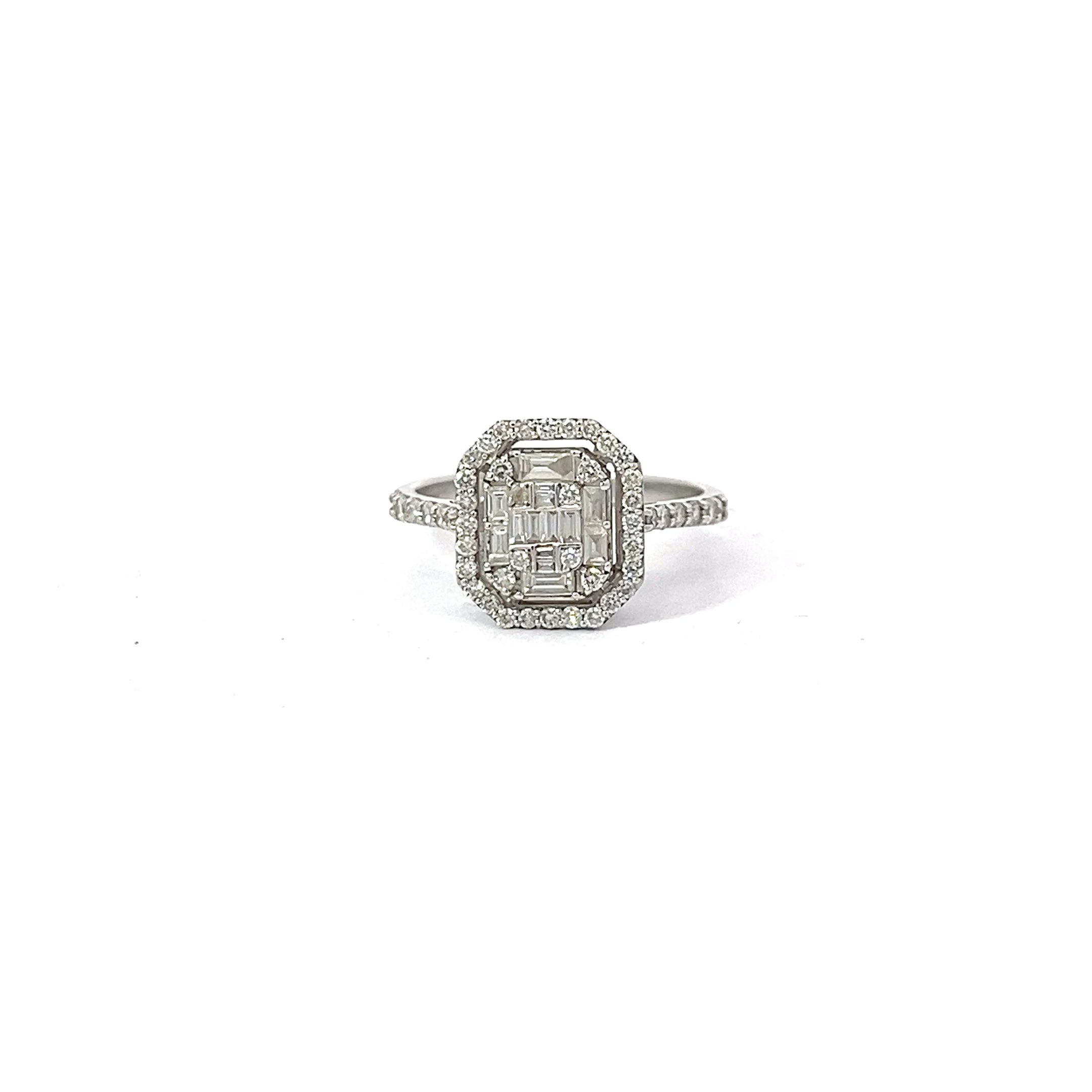 18k White Gold 1.00ct F VS1 Round and Baguette Ring Certified By I Gioielli Del Sole #AN325P