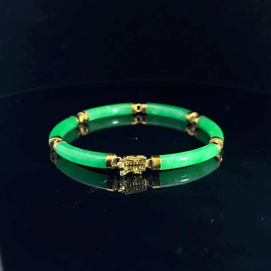 14k Yellow Gold Curved Link Fu Fuku Fortune Green Jade Bracelet