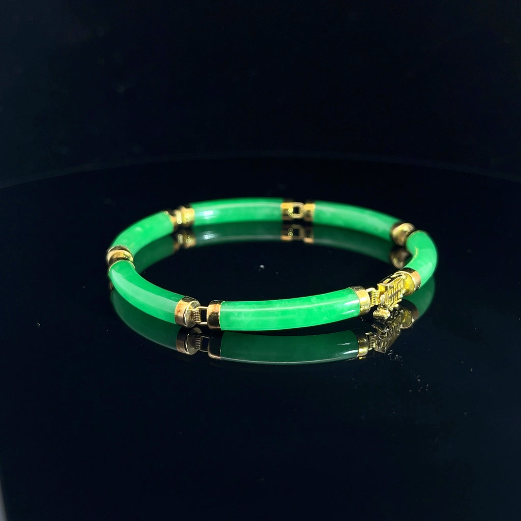 14k Yellow Gold Curved Link Fu Fuku Fortune Green Jade Bracelet