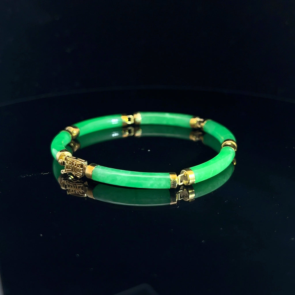14k Yellow Gold Curved Link Fu Fuku Fortune Green Jade Bracelet