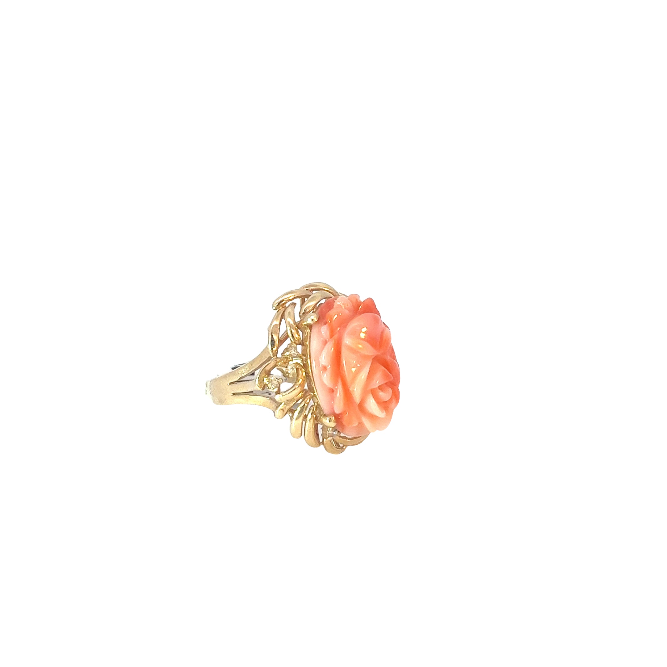 14K YELLOW GOLD VINTAGE CARVED CORAL AND DIAMOND RING
