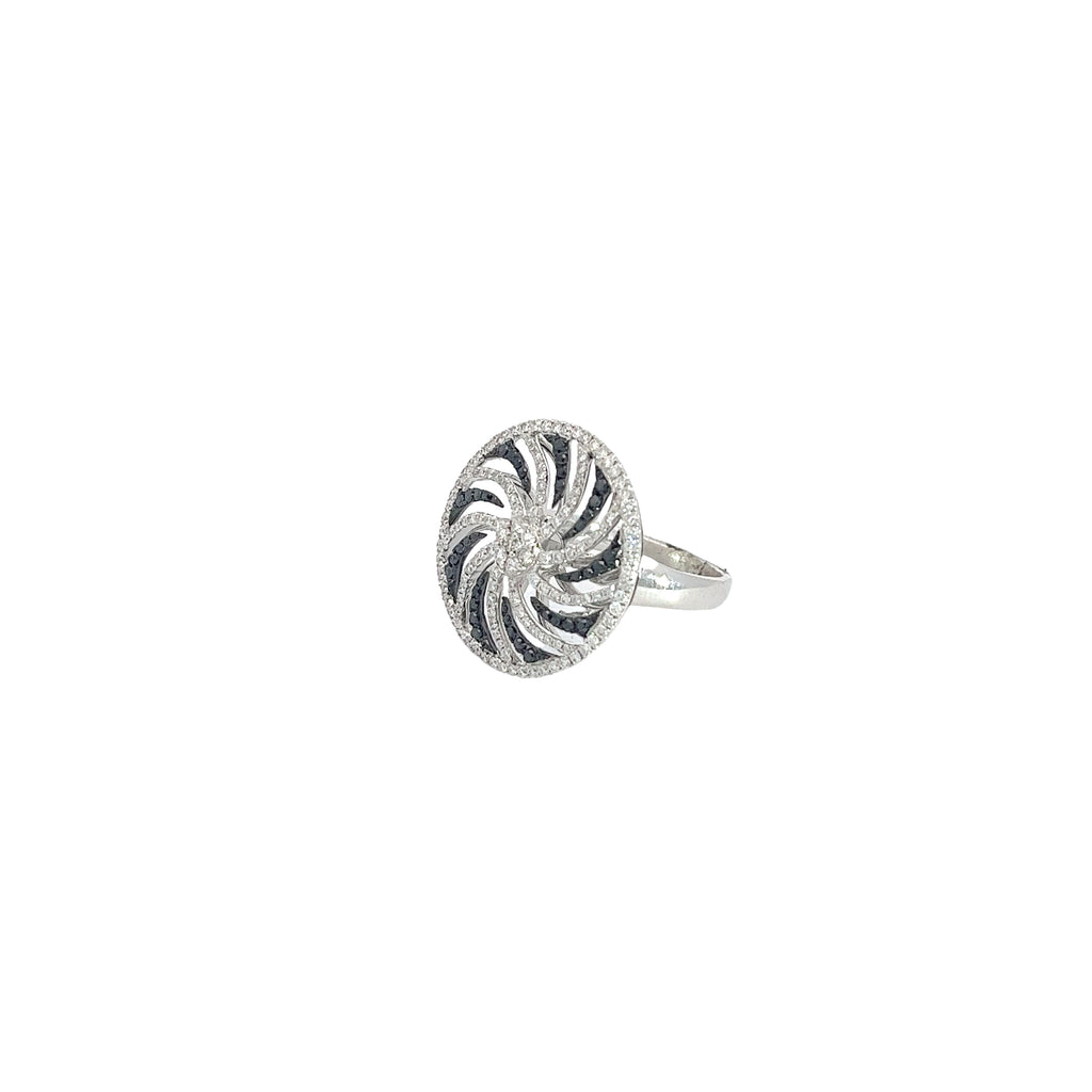18k White Gold .60ct F VS2 Round Diamond and .15ct Round Black Diamond Whirlwind Ring
