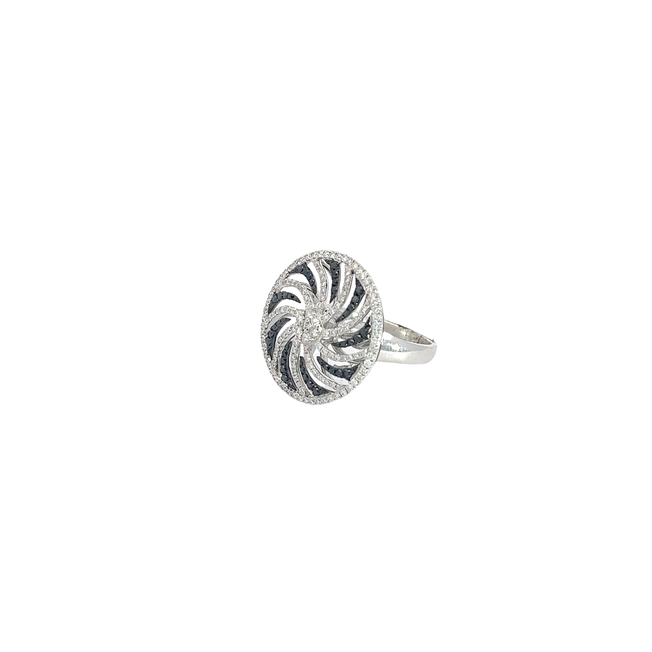 18k White Gold .60ct F VS2 Round Diamond and .15ct Round Black Diamond Whirlwind Ring