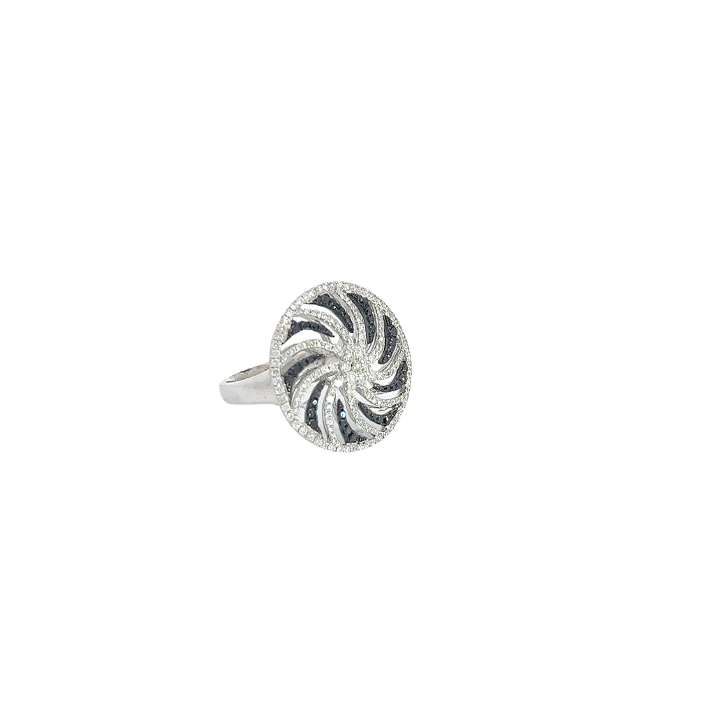 18k White Gold .60ct F VS2 Round Diamond and .15ct Round Black Diamond Whirlwind Ring