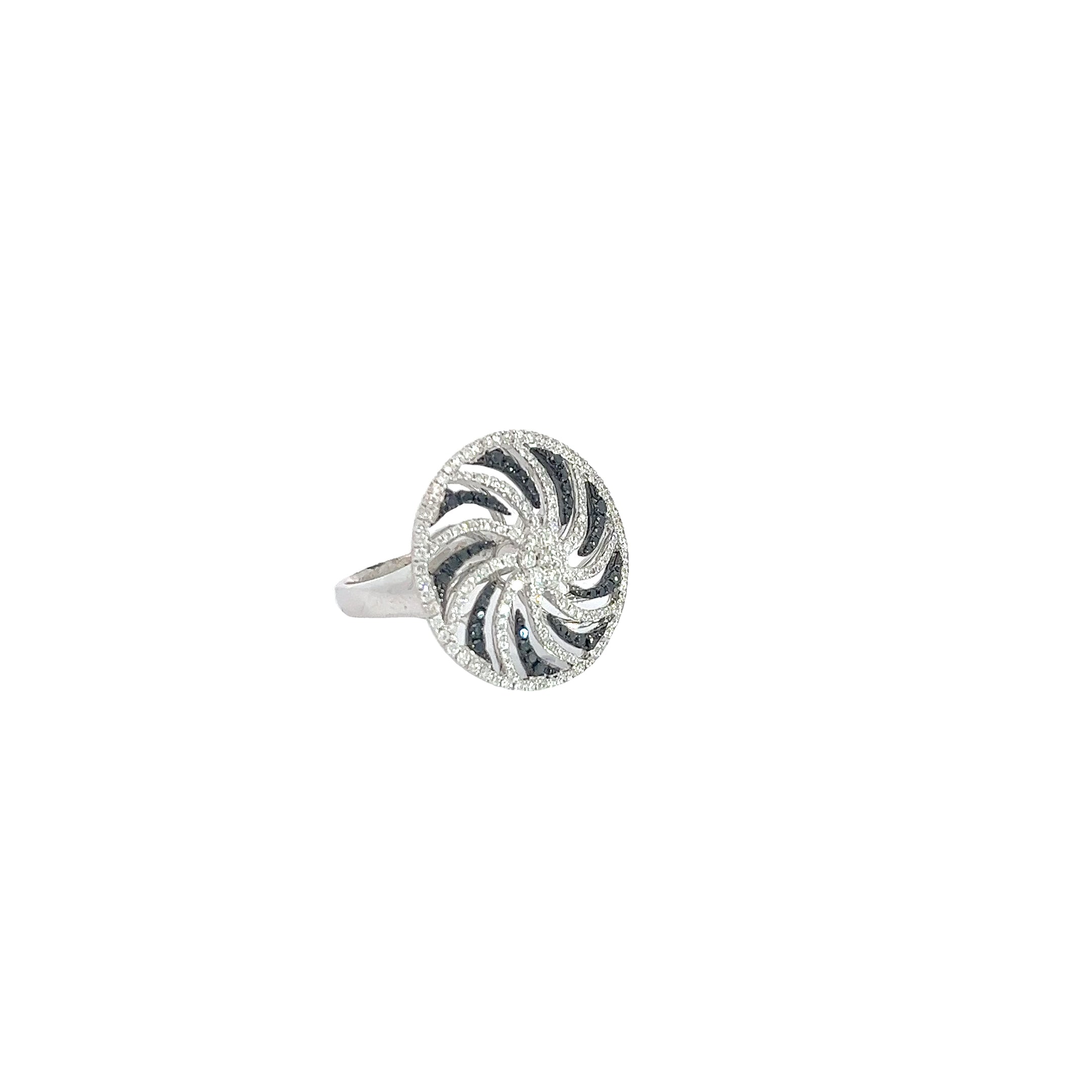 18k White Gold .60ct F VS2 Round Diamond and .15ct Round Black Diamond Whirlwind Ring